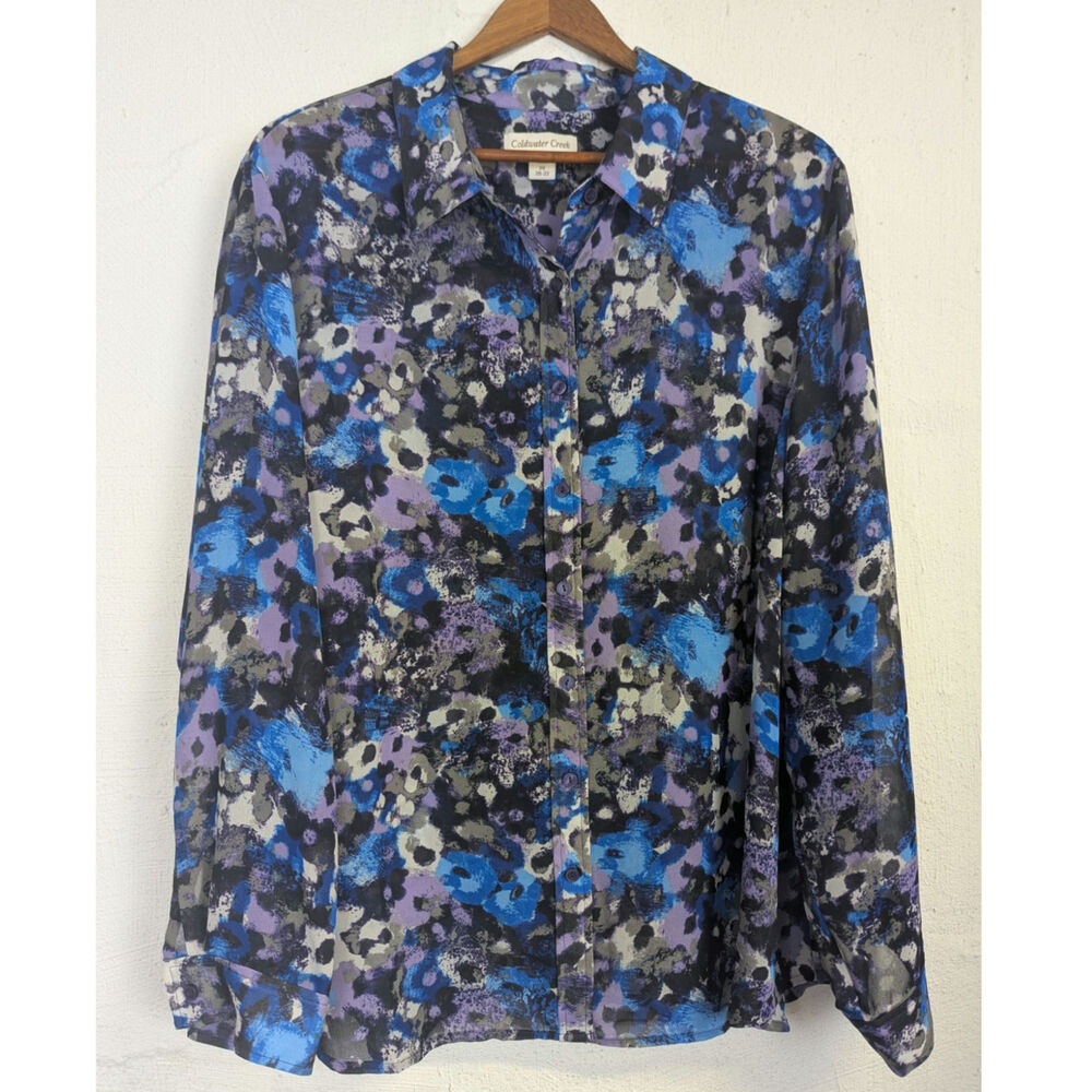 Coldwater Creek Floral Button Up Blouse Artsy Colorful Blue Purple Womens 2X New